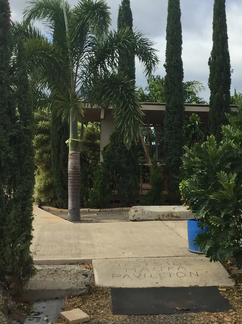 Palm, cypress and potted plants along the walkway outside the pavilion