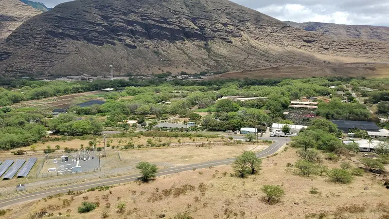 Lualualei Valley from above, green fields at the foot of the Waianae Range